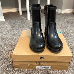 Sperry Glossy Black Lace-Up Boots